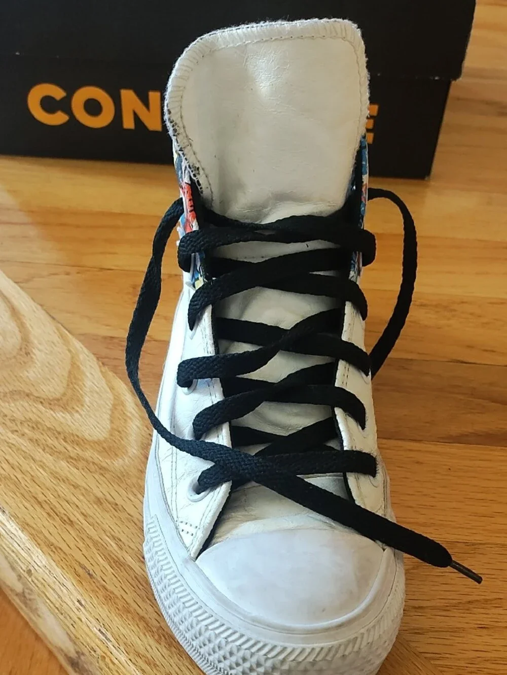 Converse White High Top Sneakers with Multicolor Graphic Collar and Black Laces - Picture 7 of 8